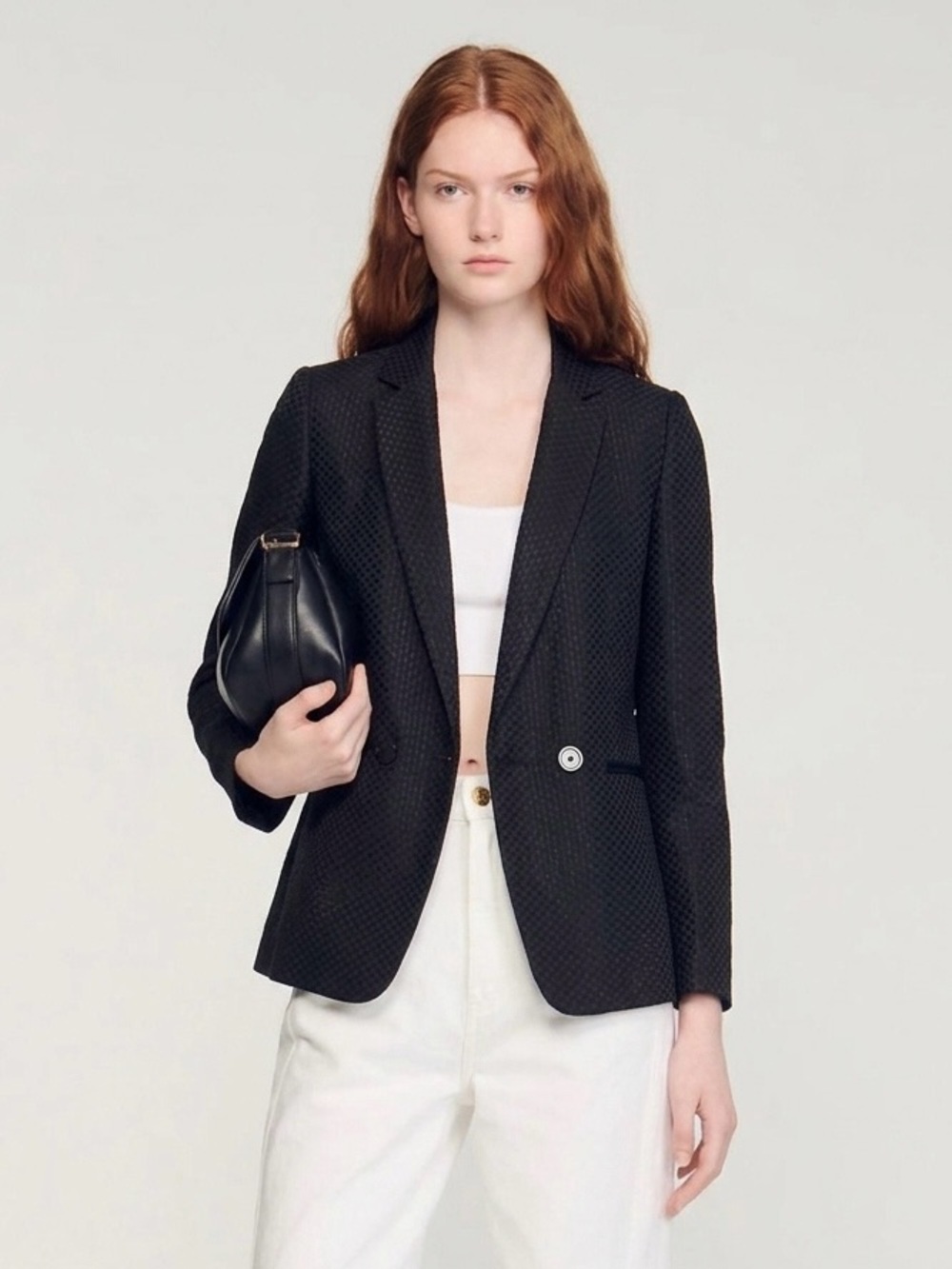 SANDRO Paris $590 Black Basket Weave Textured Blazer Size 36 Small Quiet Luxury